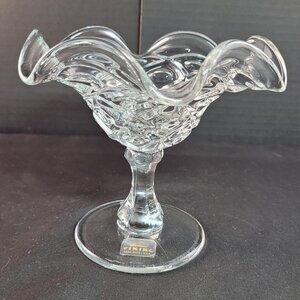 Vtg VIKING Clear COMPOTE Thumbprint Diamond Pedestal Ruffled Decor MCM
